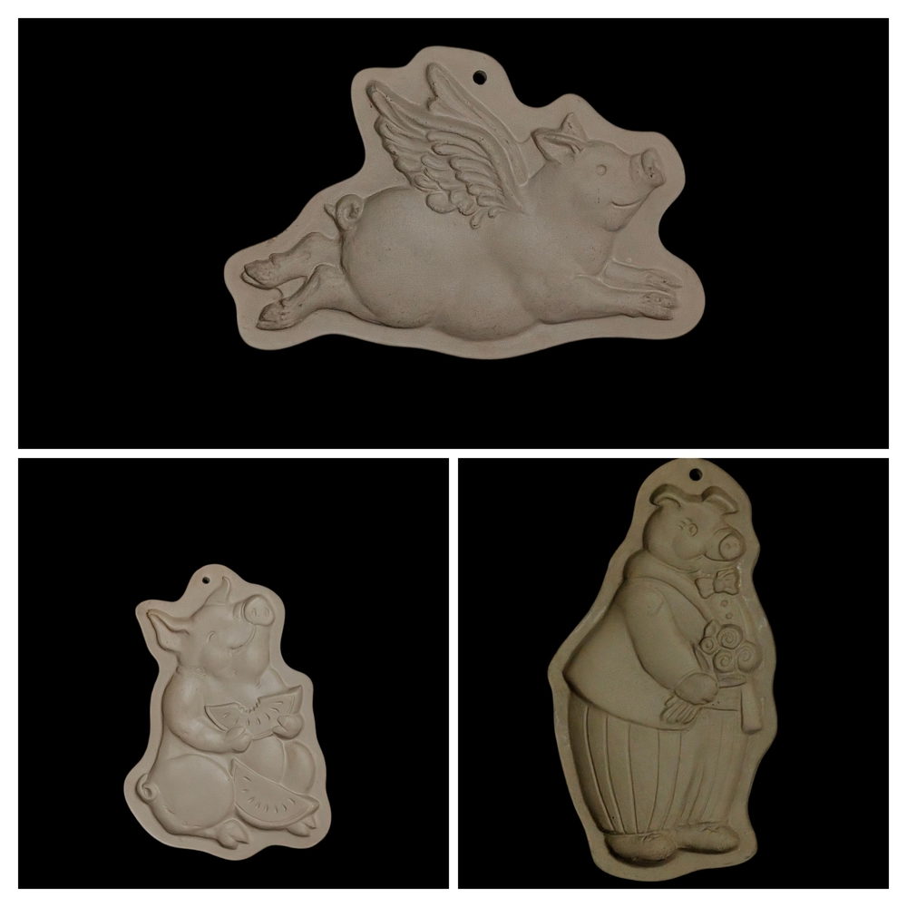 Set of Three Flying Pig and Pig Figurines